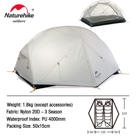 Naturehike Mongar Tent 2 Person Ultralight Travel Tent Double Layer Waterproof Tent Backpacking Tent Outdoor Hiking Camping Tent (Color: 20D - Gray)