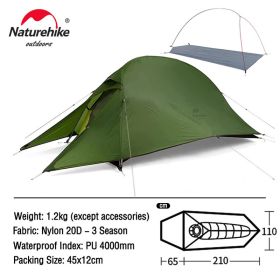 Naturehike Cloud Up 3 Upgraded Tent Ultralight Camping Tent Waterproof Outdoor Hiking Travel Tent Backpacking Cycling Tent (Color: 1 Person Army Green)